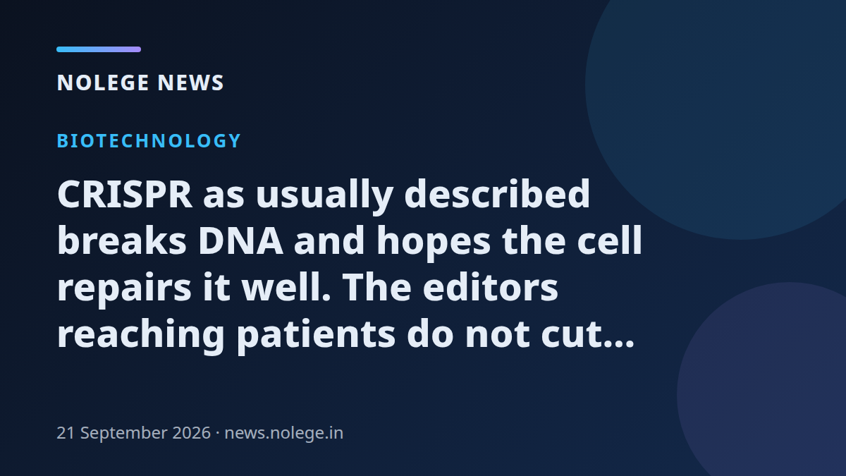 CRISPR as usually described breaks DNA and hopes the cell repairs it well. The editors reaching patients do not cut at all