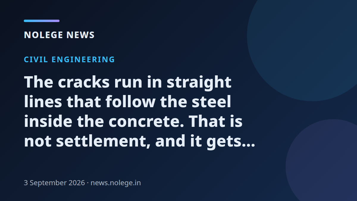 The cracks run in straight lines that follow the steel inside the concrete. That is not settlement, and it gets worse by itself