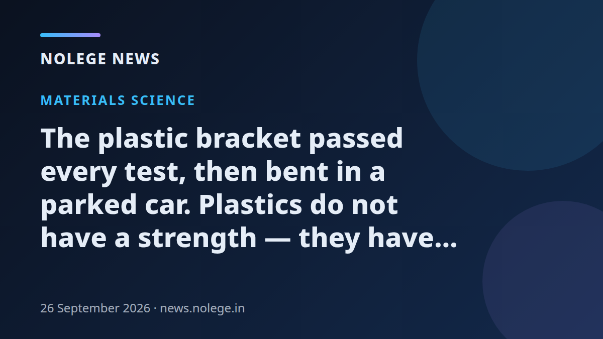 The plastic bracket passed every test, then bent in a parked car. Plastics do not have a strength — they have a strength at a temperature, for a duration