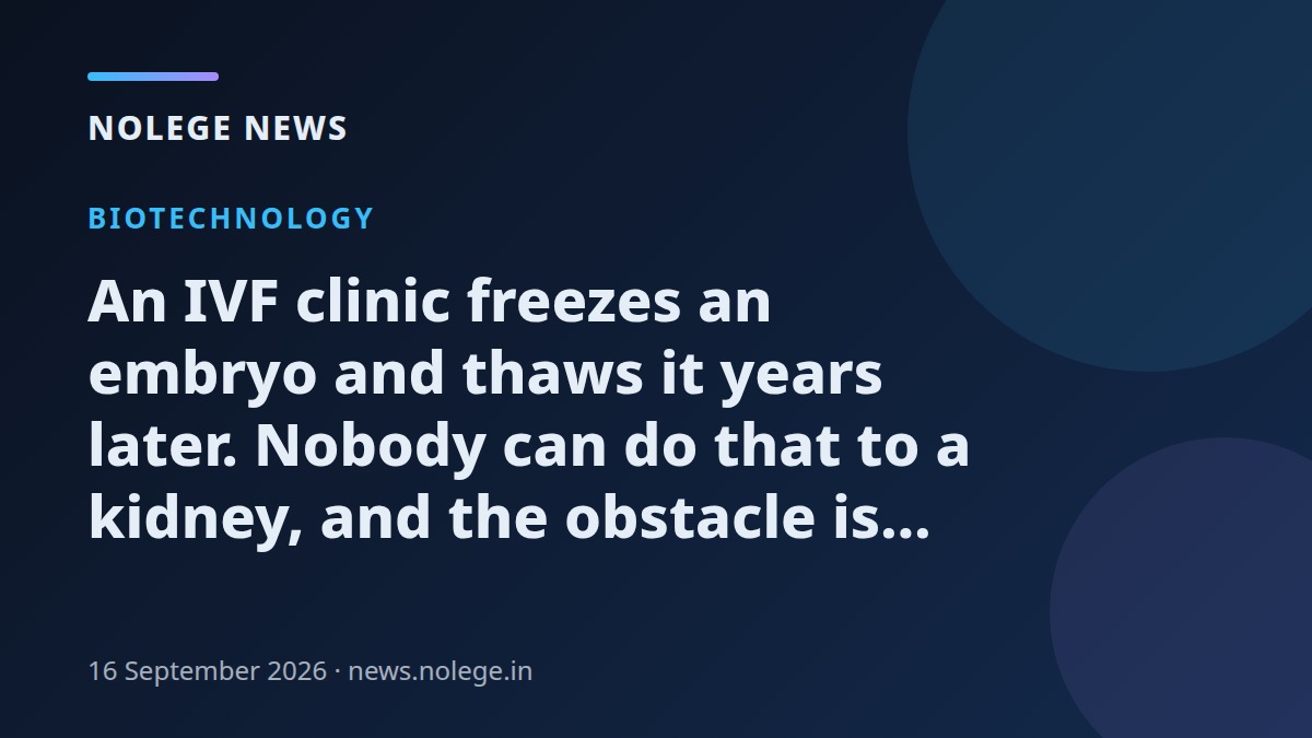 An IVF clinic freezes an embryo and thaws it years later. Nobody can do that to a kidney, and the obstacle is heat rather than biology